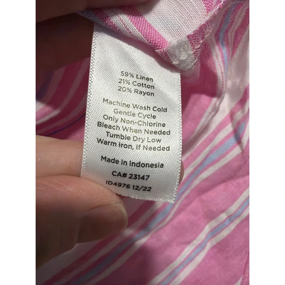 Talbots Womens Small Pink White Striped Linen Blend V-Neck Short Sleeve Blouse - Picture 5 of 5